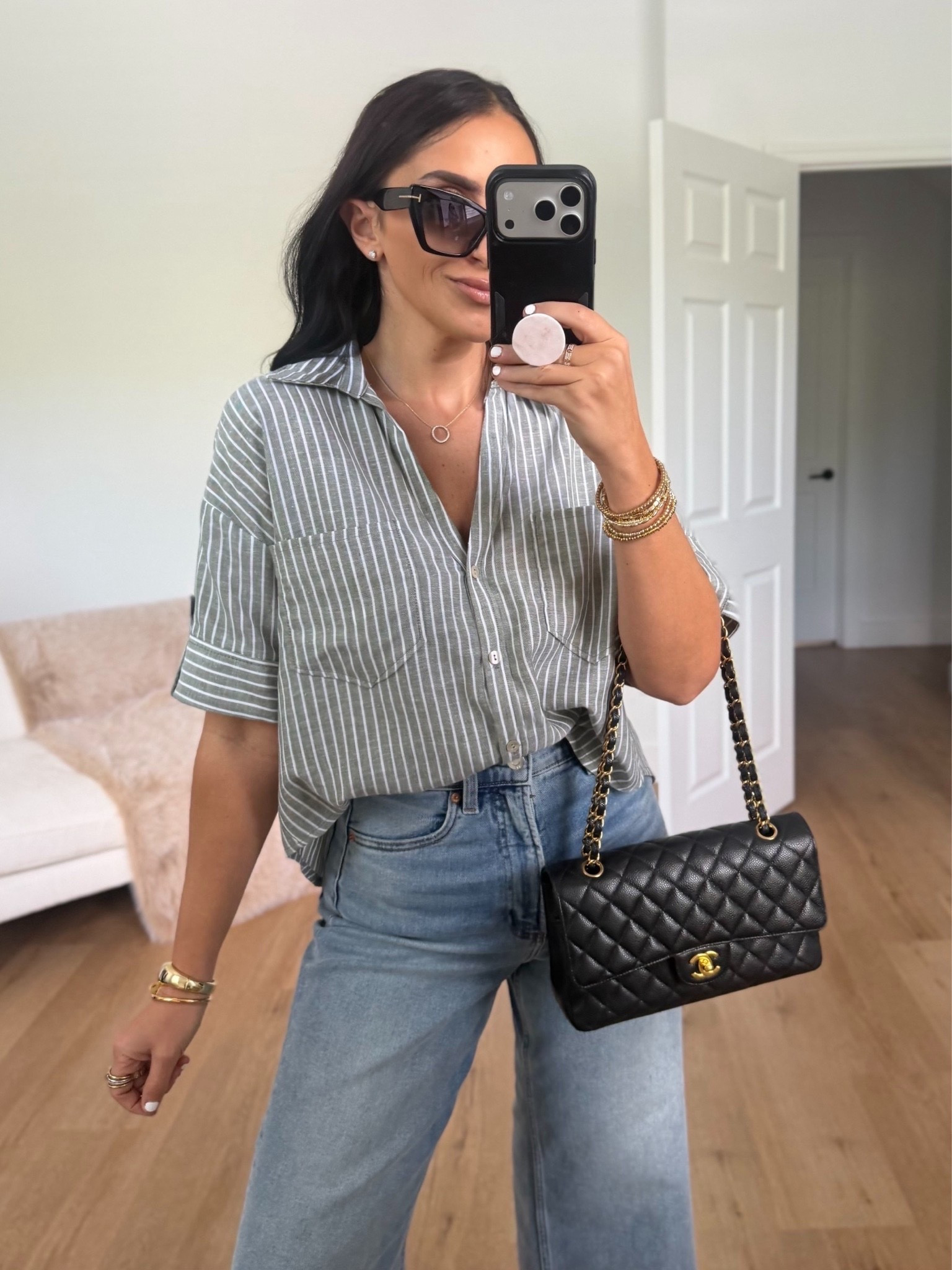 Zara Striped linen shirt wearing size small. Pistola jeans wearing size 27