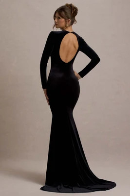 Keaton | Black Velvet Long-Sleeve Open-Back Maxi Dress | Club L London