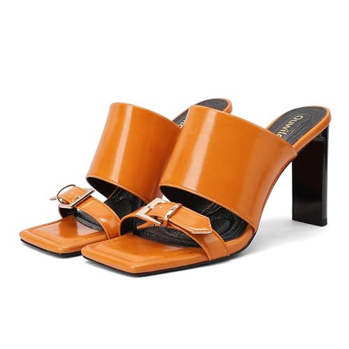 Ouwilov Women’s Orange Patent Square-Toe High Heel Mule Sandals – 3.5" Block Heel Slip-On Dress Shoes | Amazon (US)