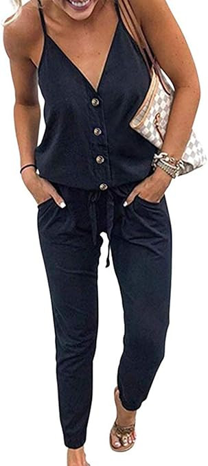 PRETTYGARDEN Women’s Sexy Deep V Neck Spaghetti Strap Drawstring Waist Jumpsuit Romper with Poc... | Amazon (US)