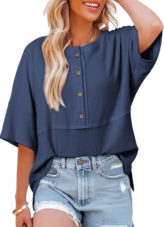 Dokotoo Womens Waffle Knit Tops 2026 Fashion 3/4 Sleeve Casual Button Down Shirts Crew Neck Overs... | Amazon (US)
