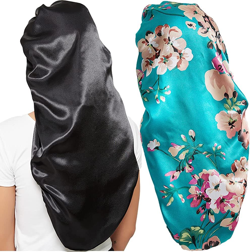2 Pcs Hair Bonnets for Women Satin, Soft Elastic Band Silky Sleeping Cap Big Bonnets for Women Bonne | Amazon (US)