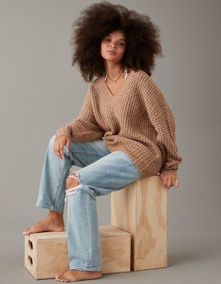 AE Whoa So Cozy Waffle V-Neck Sweater | American Eagle Outfitters (US & CA)