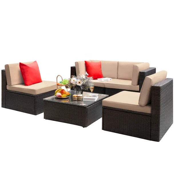 Walnew 5 Pieces Patio Conversation Sets All-Weather Rattan Outdoor Sectional Sets With Glass Tabl... | Walmart (US)