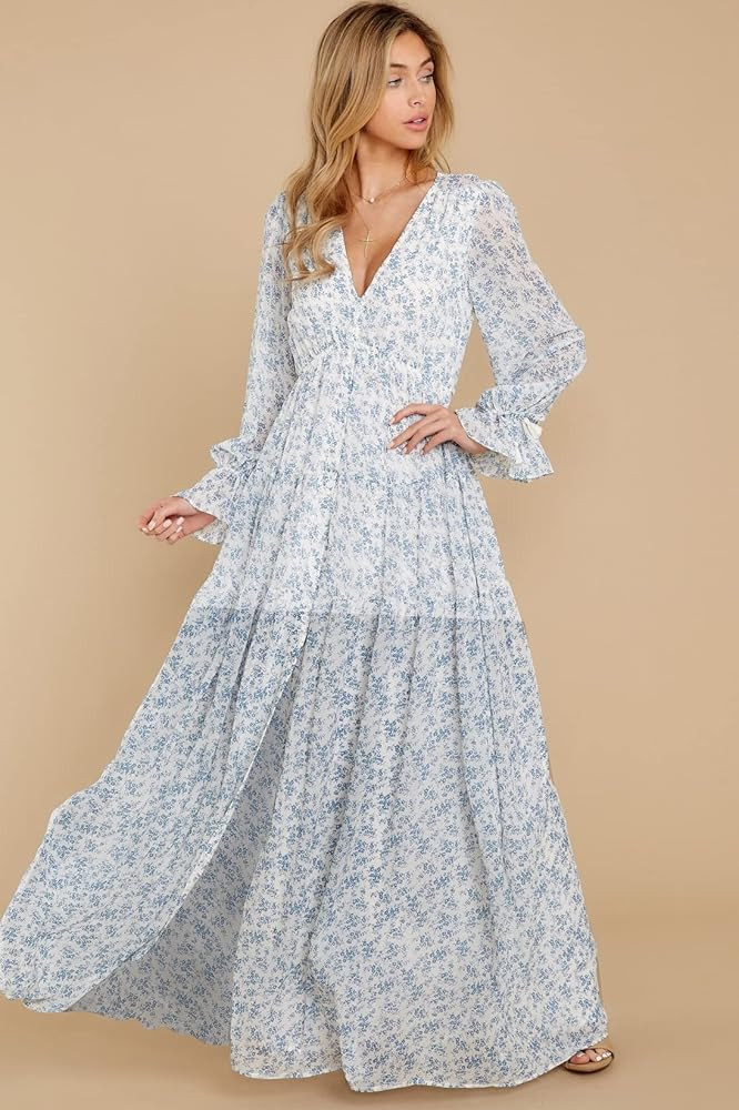 Women's Deep V-Neck Lantern Sleeve Long Bohemian Floral Printed Dress Beach Cover Up Casual Loose Sp | Amazon (US)