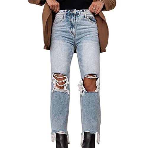 Womens Ripped Jeans Casual Stretchy Straight Leg Denim Pant High Waisted Retro Classic Denims Relaxed Fit Long Pant | Amazon (US)