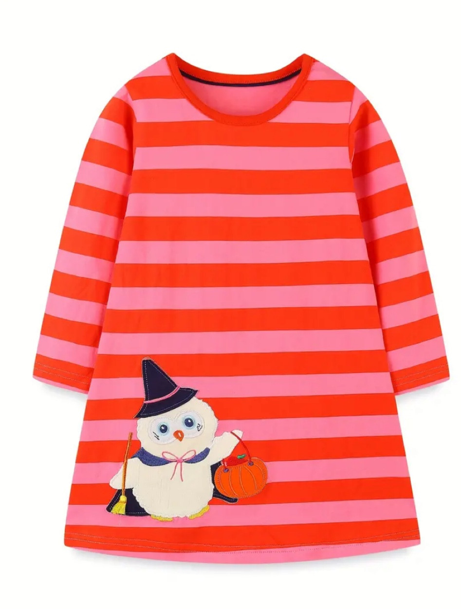 Midi Length Girls Cotton Casual Tunic Dress - Soft Slight Stretch Fabric, Crew Neck, Embroidered Cartoon Portrait Pattern, Long Sleeve, Trapeze Hem, Machine Washable, Perfect for Fall/Winter Holiday Party