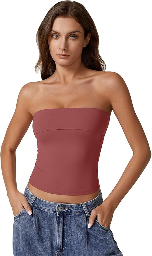 QINSEN Women's Tube Tops Strapless Bandeau Tops Double Lined Slim Fit Summer Going Out Tank Tops | Amazon (US)