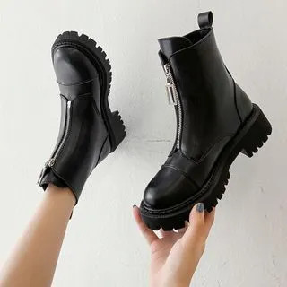 Low-Heel Zip-Front Faux-Leather Short Boots | YesStyle Global