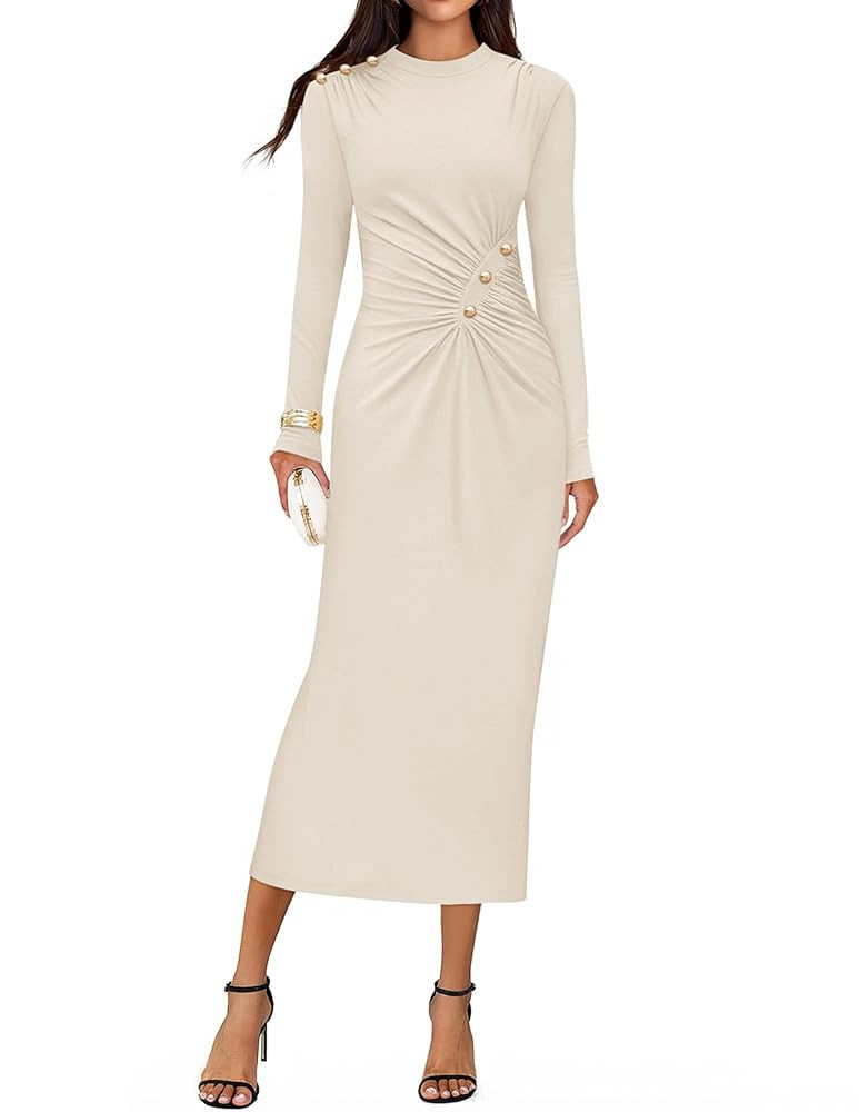ZESICA Womens 2025 Fall Long Sleeve Mock Neck Bodycon Midi Dress Ruched Knit Elegant Party Cockta... | Amazon (US)