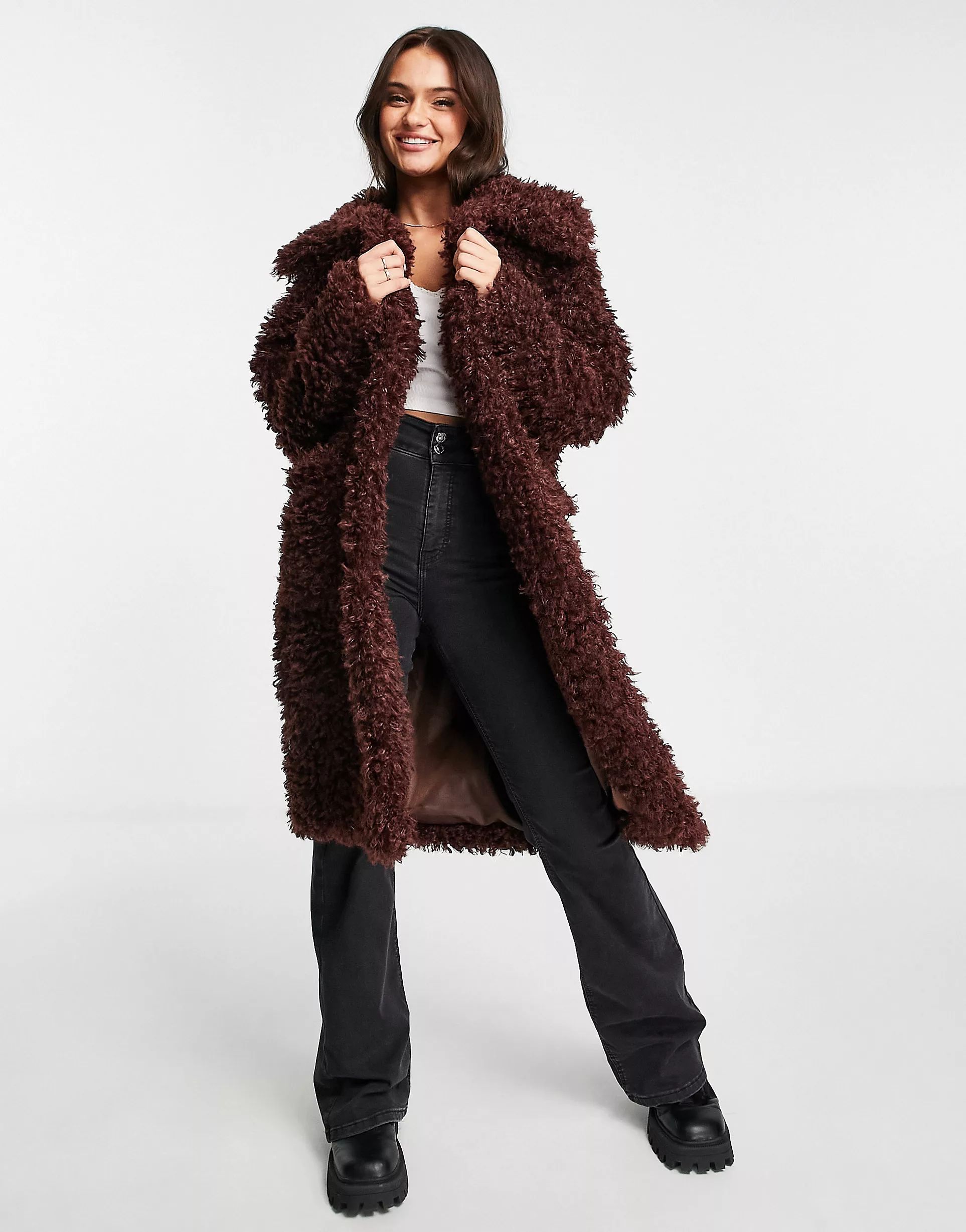 Miss Selfridge fluffy borg coat in chocolate | ASOS (Global)