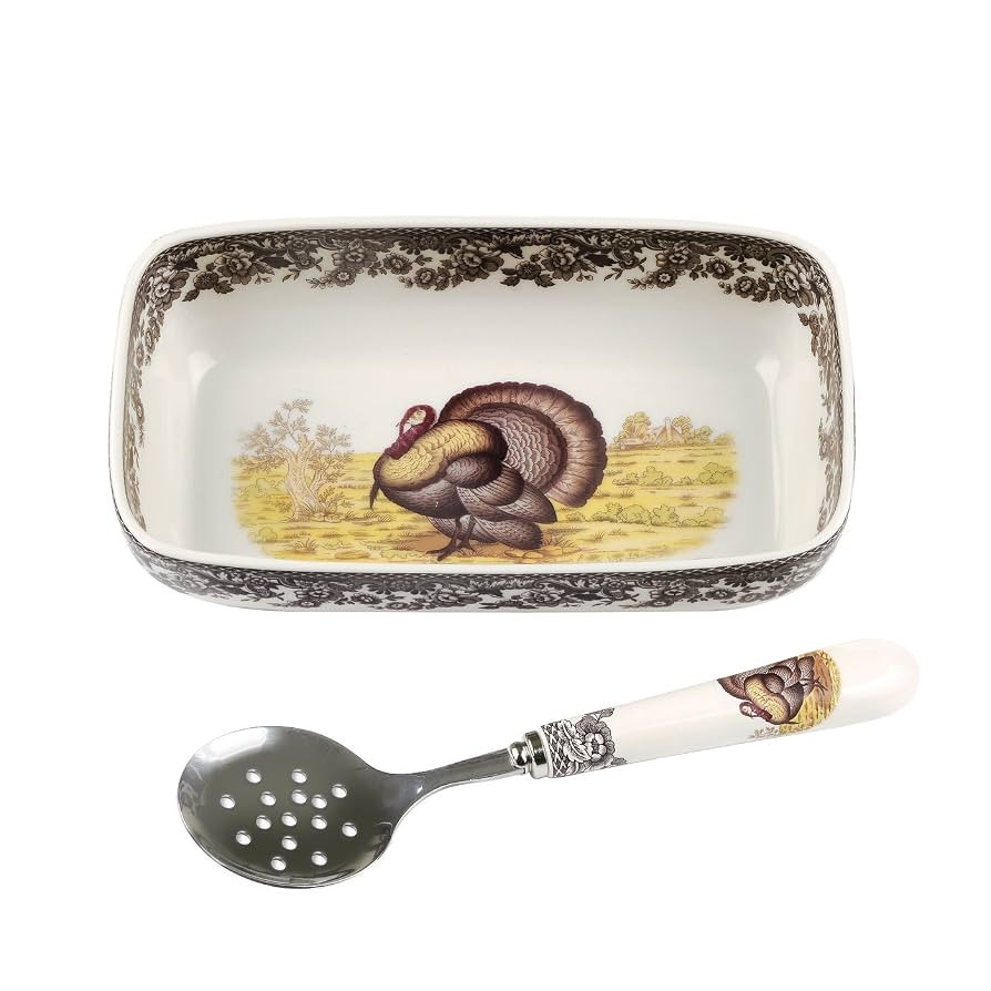 Spode Woodland Cranberry Dish with Slotted Spoon - Featuring Turkey Motif & British Flower Border... | Amazon (US)