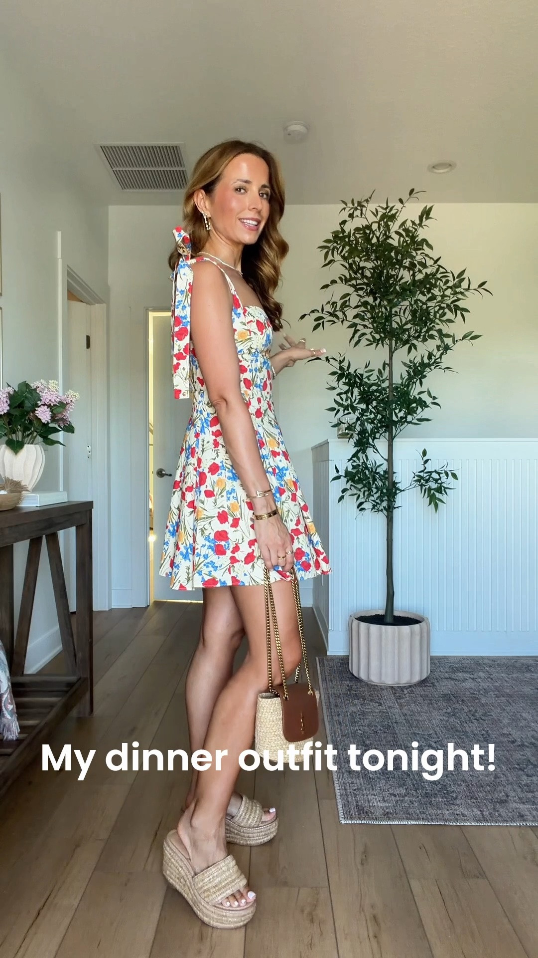 My dinner outfit tonight! Floral mini dress in XXS. Adjustable tie straps. Vacation outfit. Vacation dress. Rehearsal dinner dress. Wedding shower dress. Resort outfit. Resort wear. Summer outfit. Summer dress. Wedges are TTS.

#LTKWedding #LTKTravel #LTKootd