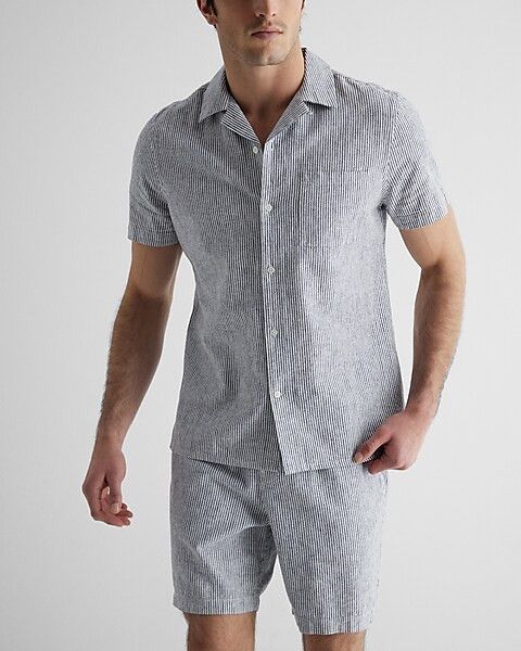 Striped Linen-Cotton Blend Short Sleeve Shirt | Express