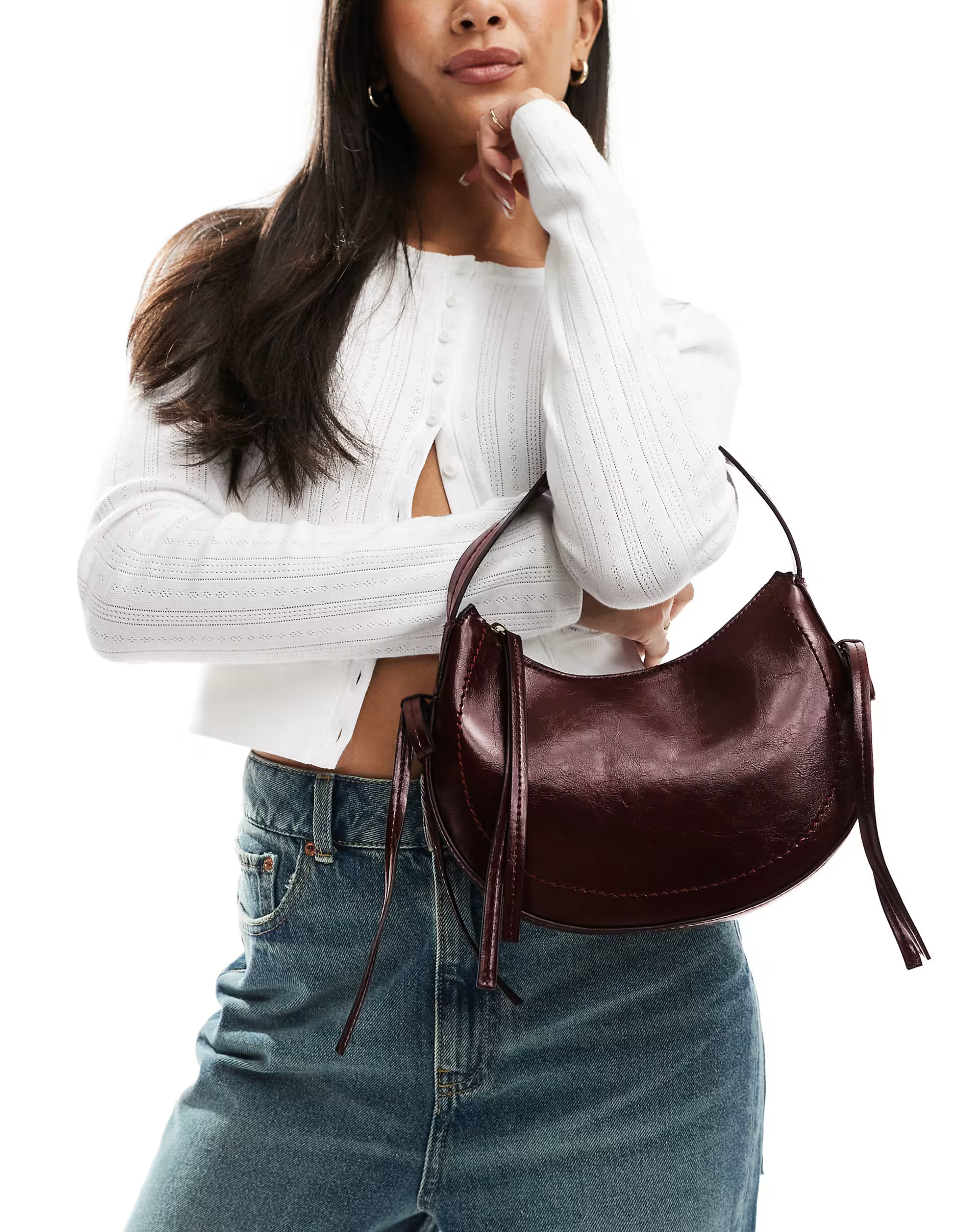 ASOS DESIGN half moon shoulder bag with side bow detail in burgundy | ASOS (Global)