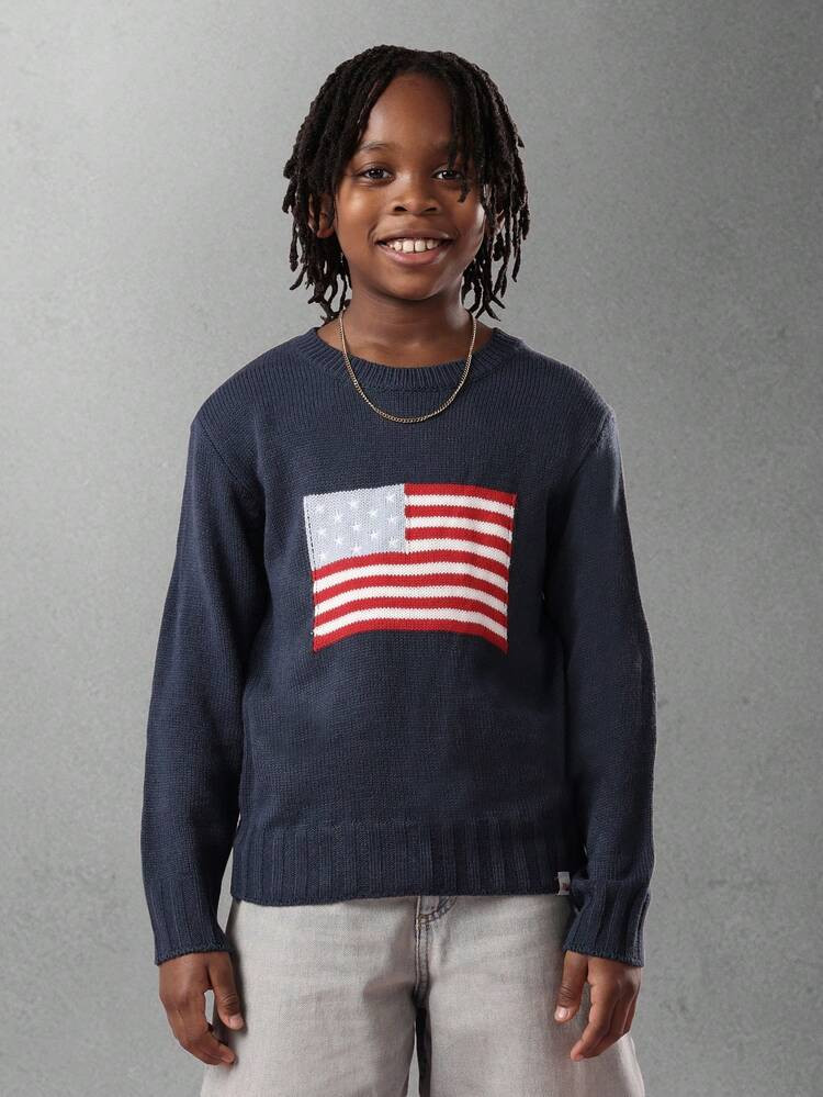 SUMWON American Flag Knit Sweater Holiday Patriotic Festive Christmas Winter Statement Casual Crew Neck Long Sleeve Jumper Kids Cozy Knitwear Fall | SHEIN
