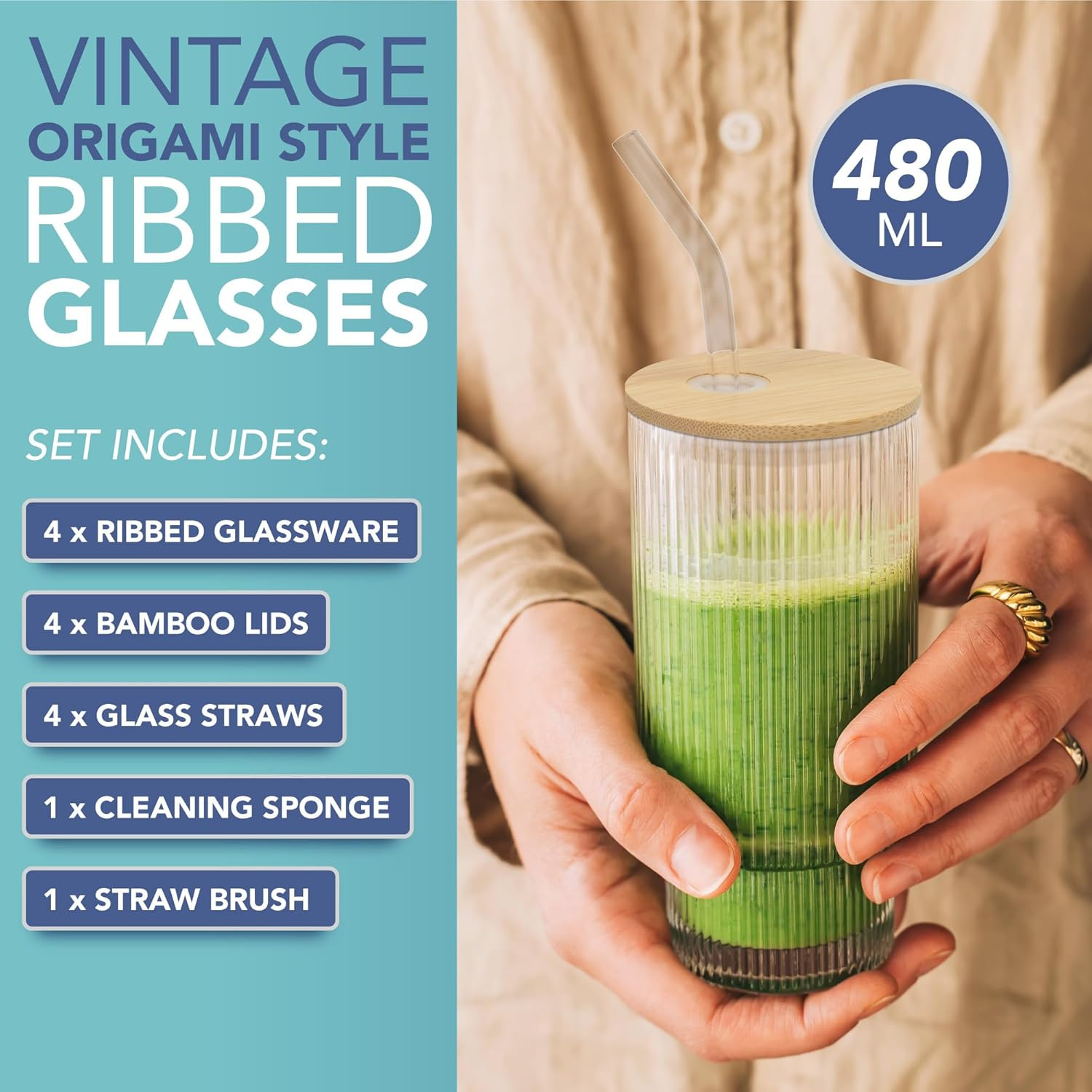 Ribbed Glasses 480ml - 4 PCS Stackable Glass Cups with Bamboo Lids & Glass Straws Vintage Glasswa... | Amazon (UK)