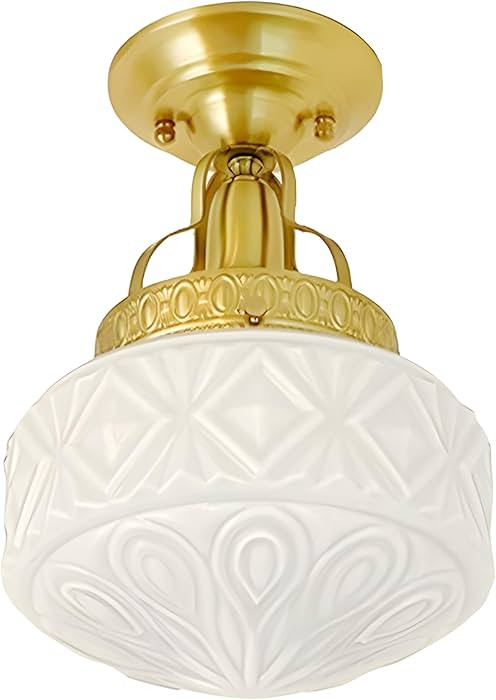 Bofea-Gold Semi Flush Mount Ceiling Light,Brass Vintage Flush Mounted Ceiling Lighting with Milk ... | Amazon (US)
