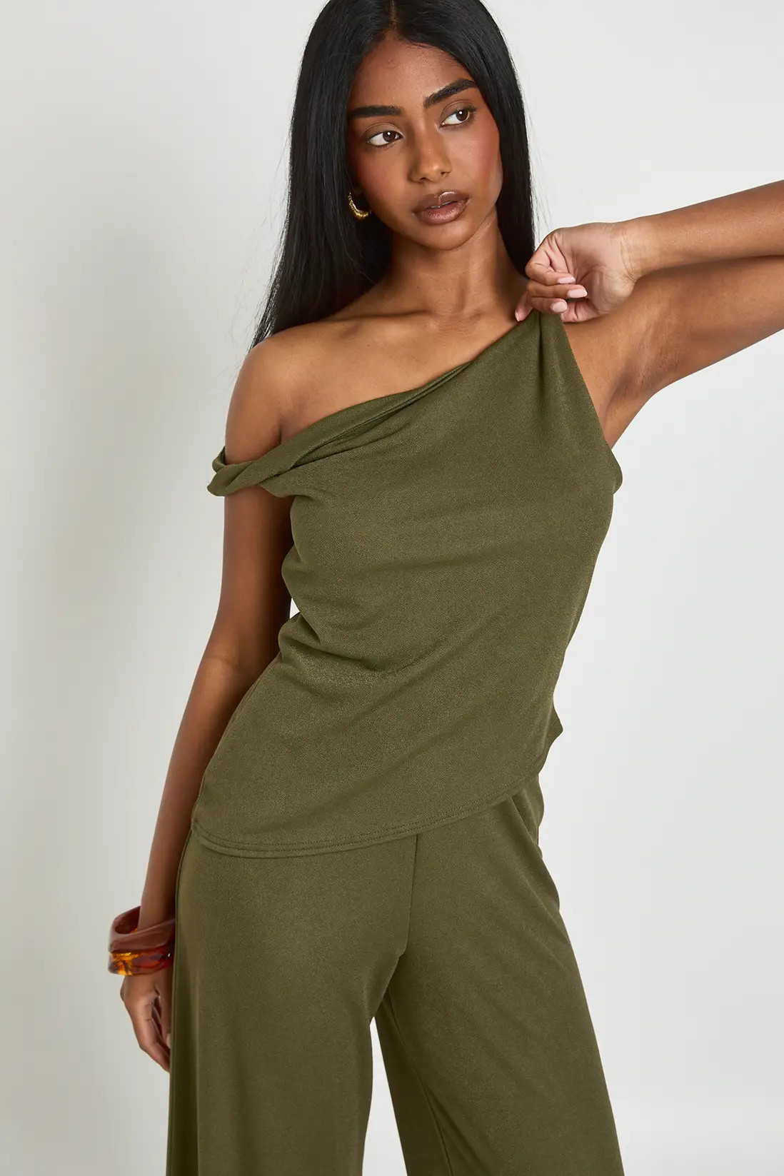 Khaki Crepe Off The Shoulder Wide Leg Co ord | Boohoo | Boohoo.com (UK & IE)