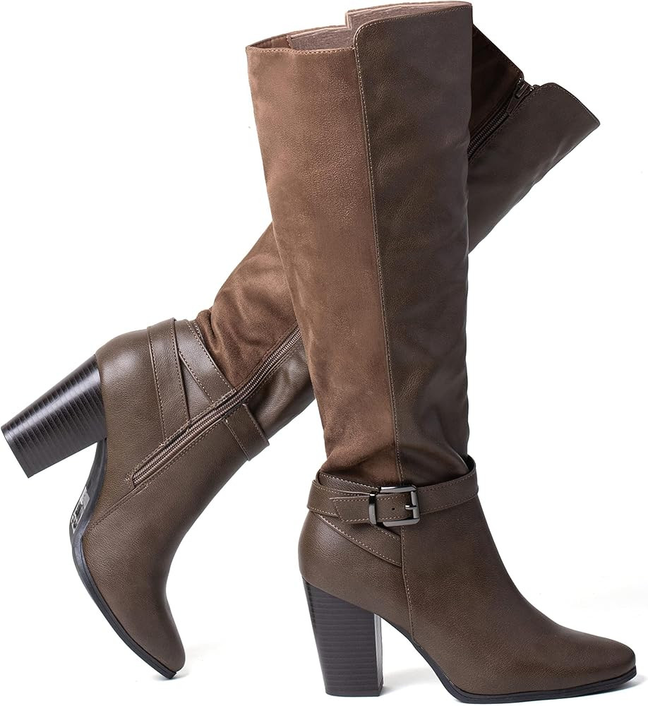 Amazon.com | Women's Heeled Knee High Boots Zip Up High Chunky Heeled Boots Dark Brown | Knee-Hig... | Amazon (US)