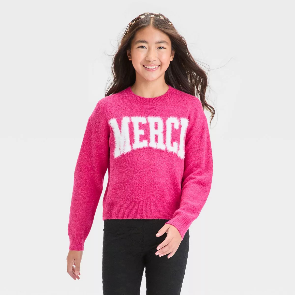Girls' 'Merci' Novelty Pullover Sweater - art class™ - Pink XXL | Target