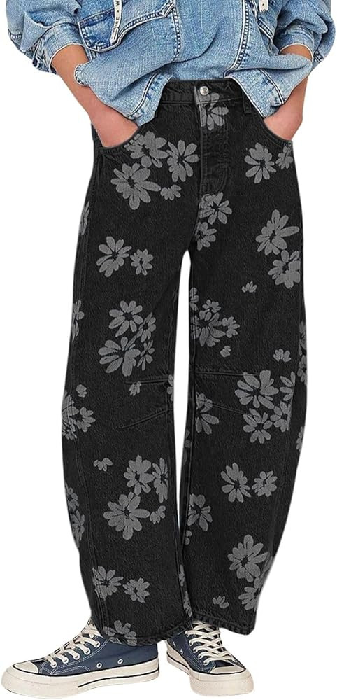 loveimgs Women Y2k Distressed Barrel Jeans Baggy Wide Leg Jeans Floral Printed Boyfriend Patchwor... | Amazon (US)