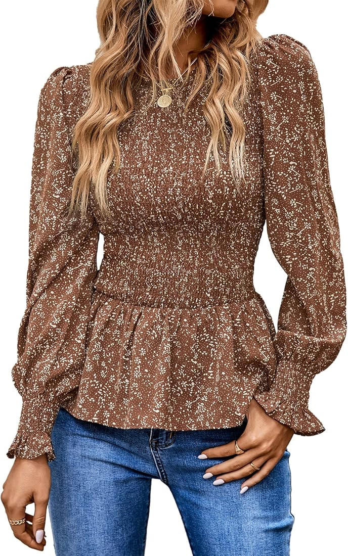 PRETTYGARDEN Women's Tops Casual Long Sleeve Crewneck Floral Print Smocked Ruffle Hem Slim Babydo... | Amazon (US)