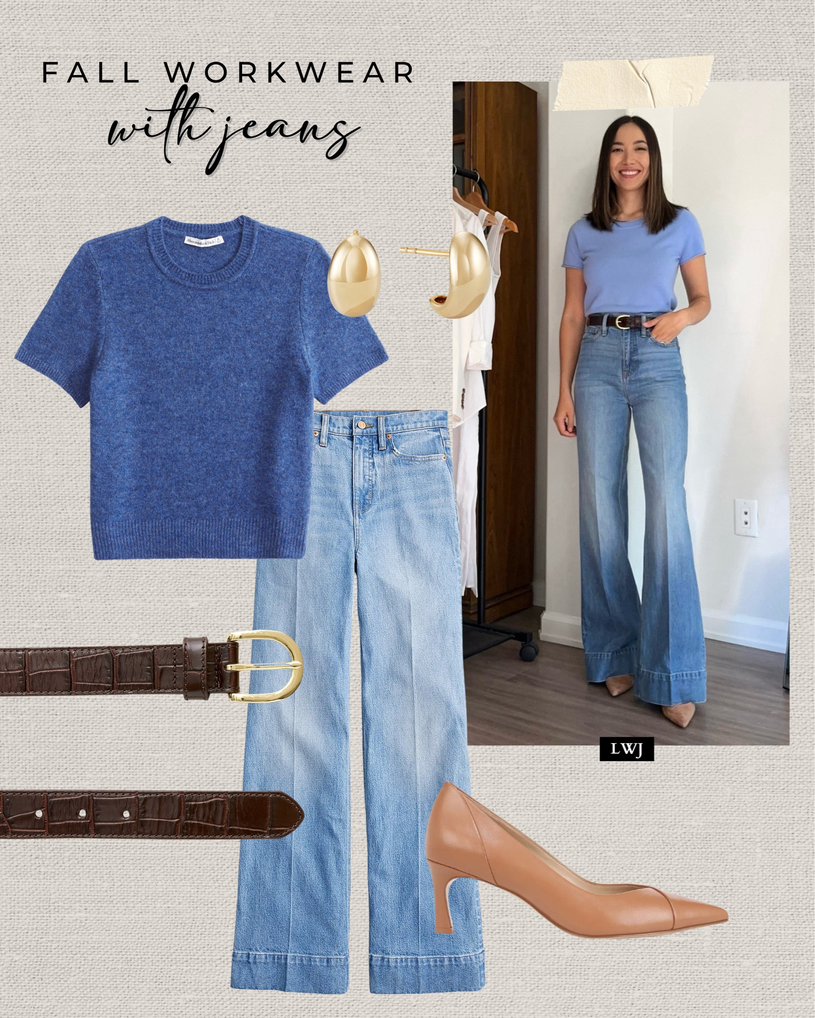 Fall workwear inspo with wide leg jeans 

Wearing 25 standard inseam - runs a little long on my 5’4” frame and runs slightly big
Business casual / smart casual / sweater tee / wide leg jeans / tan heels / leather belt / classic style 

#LTKStyleTip #LTKSeasonal #LTKWorkwear