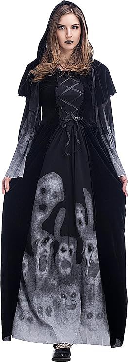 Women's Halloween Ghost Witch Hooded Costume Cloak Dress Outfit Black | Amazon (US)