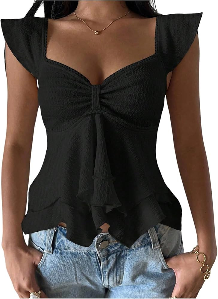 RoseSeek Women's Flowy Going Out Tank Top Sweetheart Neck Cap Sleeve Summer Ruffle Elegant Crop T... | Amazon (US)