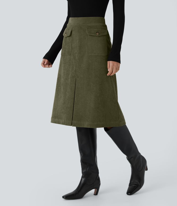 Women’s Mid Rise Front Side Flap Pocket Midi Corduroy Casual Skirt - Halara | Halara UK