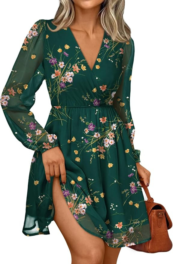 LILLUSORY Womens Long Sleeve Wedding Guest Dresses Winter 2026 Casual Fall Fashion V Neck Mini Ch... | Amazon (US)