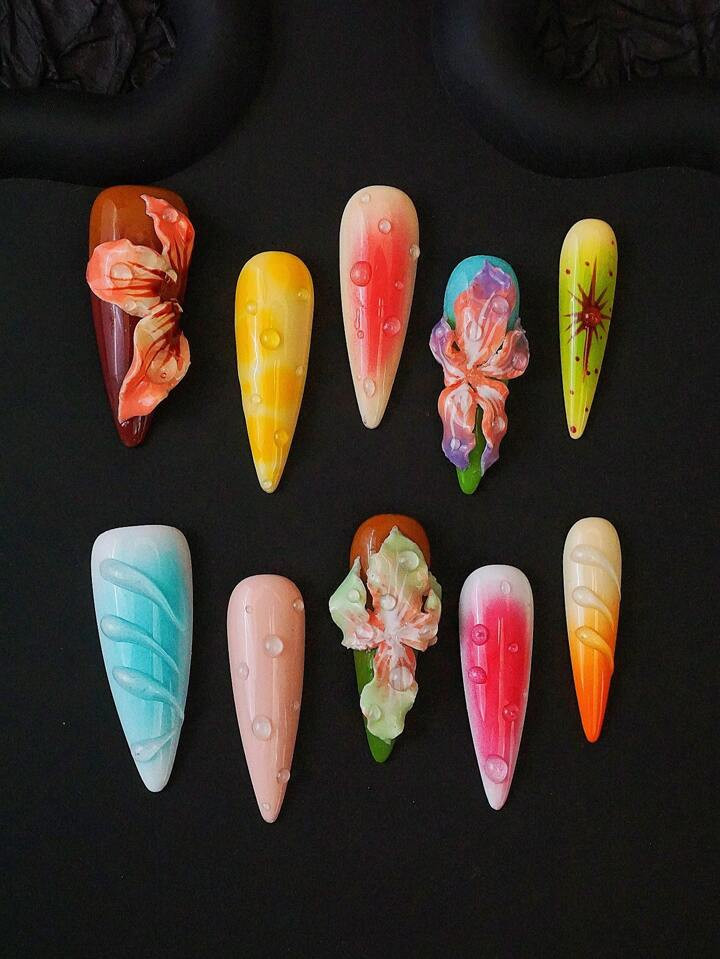 10pcs Tropical Floral Pattern 3D Embossed Colorblock False Nail Art Tips, Suitable For Ladies And... | SHEIN
