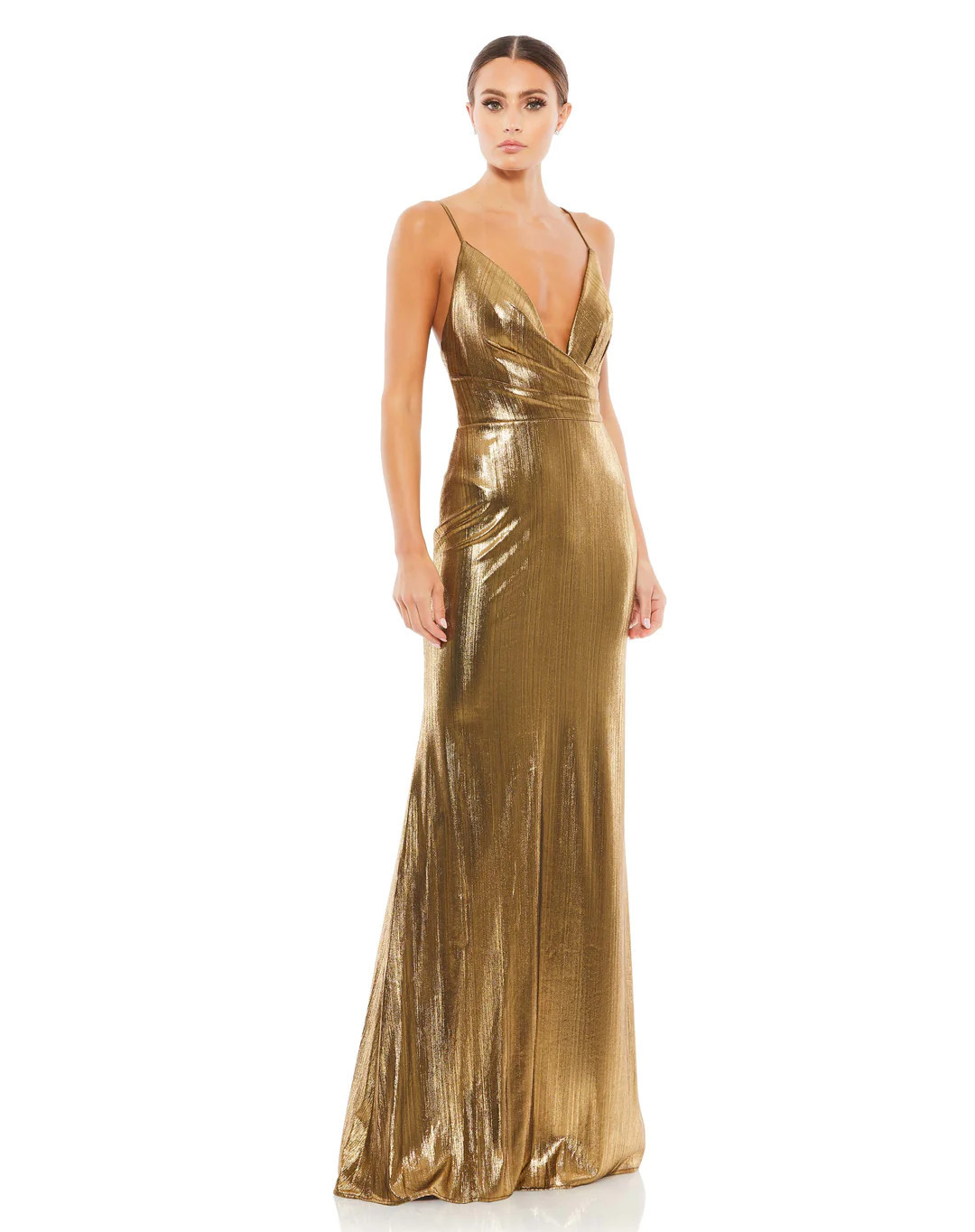 Metallic Faux Wrap Spaghetti Strap Gown | Mac Duggal