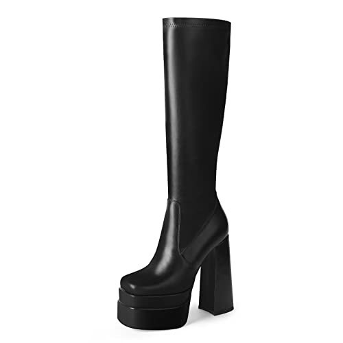 wetkiss Black Platform Boots for Women Knee High Boots Black Gogo Boots Women's Knee-high Boots Chunky Boots for Women Tall Boots 70s Boots Long Boots Stretch Square Toe Boots PU Leather Boots | Amazon (US)