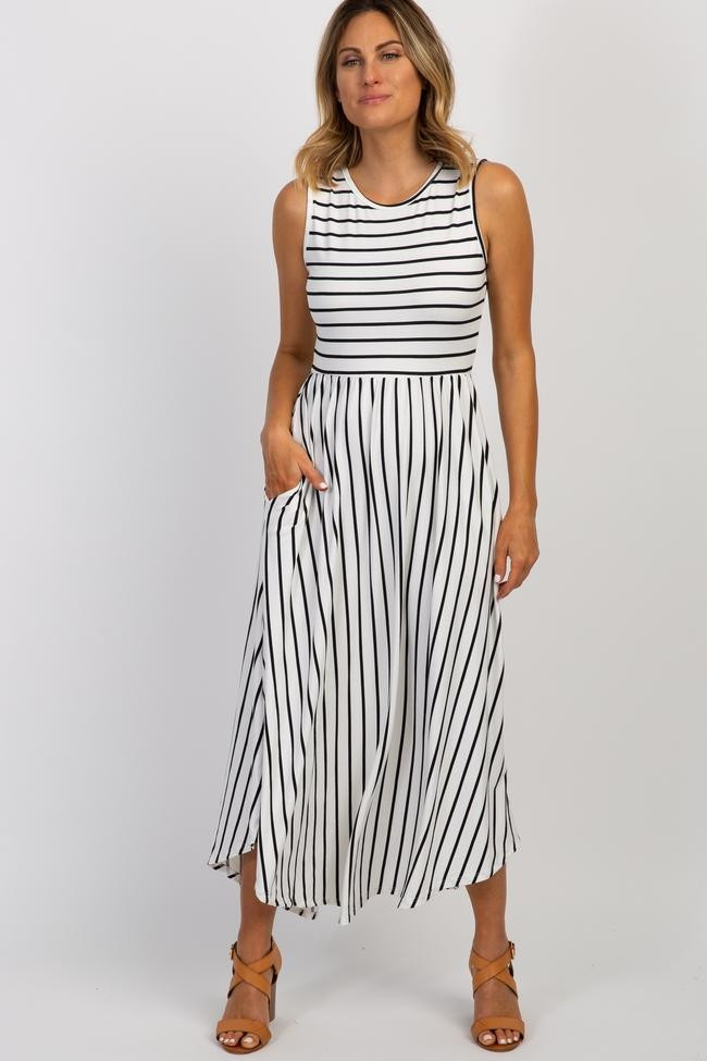 Ivory Striped Sleeveless Midi Dress | PinkBlush Maternity