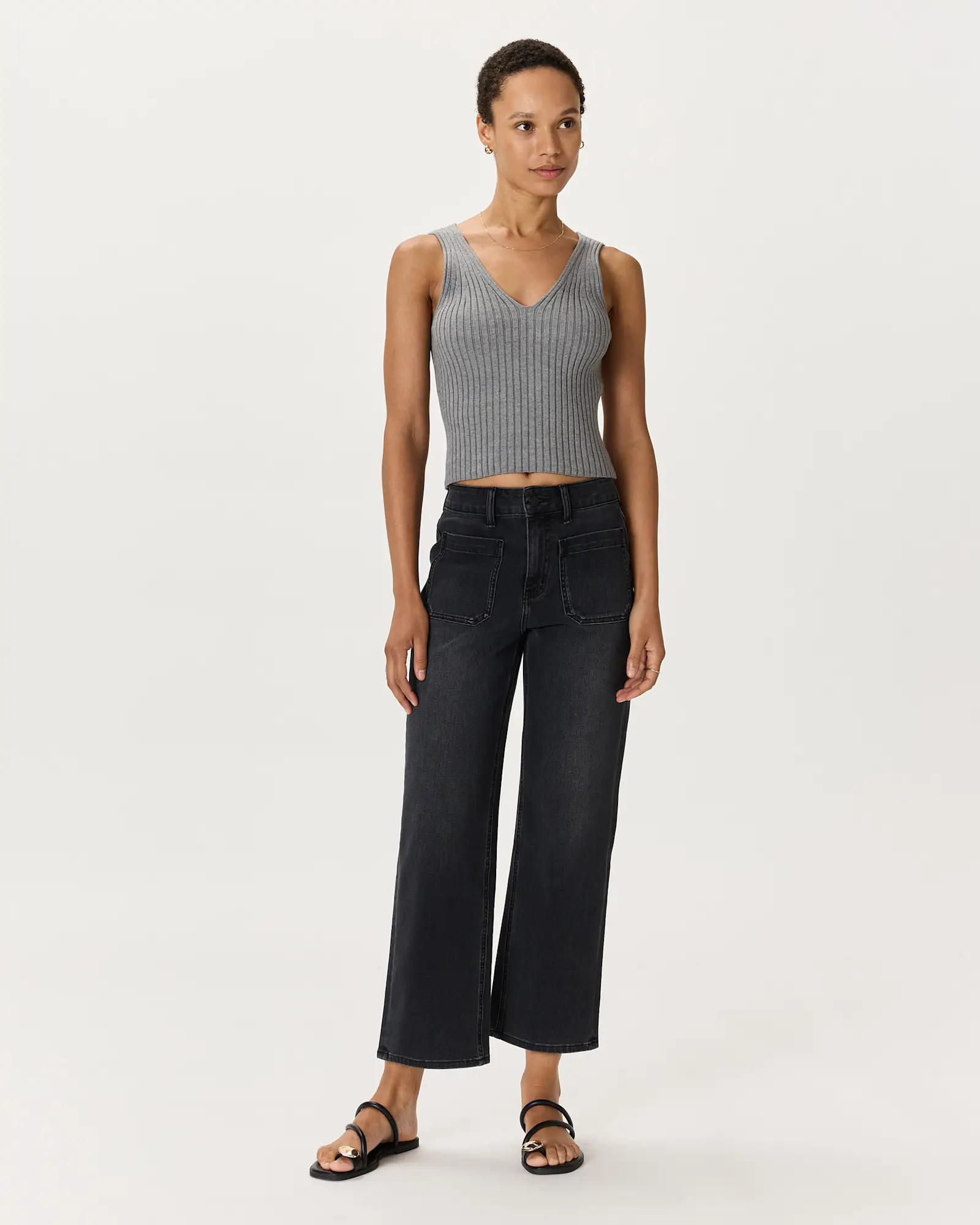 Bella Stretch Patch Pocket Wide Leg Jeans in Faded Black | Quince