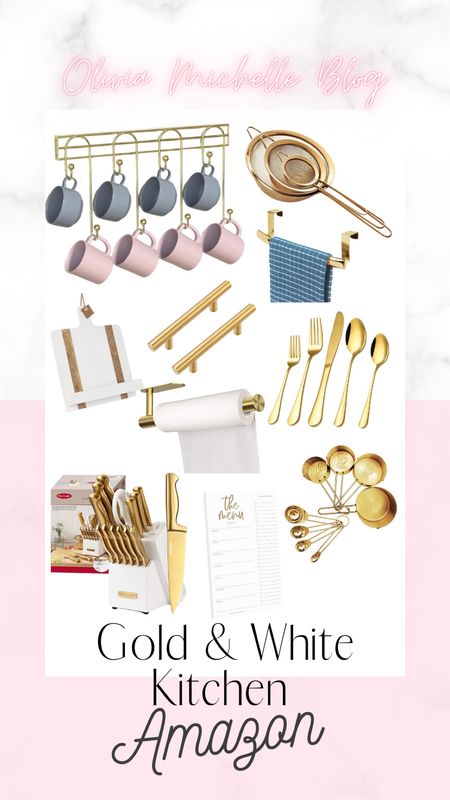 Amazon kitchen finds! Gold and white kitchen decor. Gold and white decor. Gold kitchen. Gold silverware. Gold measuring cups. Gold cabinet handles. Gold knife set. Gold paper towel holder. Gold home decor. Amazon home. Amazon finds. 

#LTKunder50 #LTKhome
