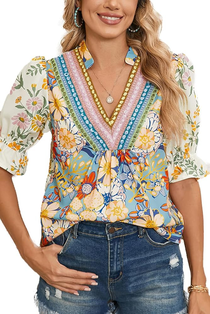 Boho Summer Tops for Women 2025 Cute Floral Crochet V Neck Half Sleeve Blouse Shirt Fashion Going... | Amazon (US)