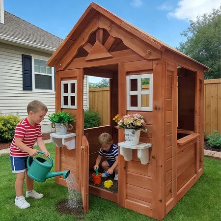 COCLUB Outdoor Playhouse for Kids 3-8, Wooden Playhouse with Door & Windows – Toddler Outdoor Playset, Kids Play House with Flower Pot Holder (42”L x46”W) | Walmart (US)