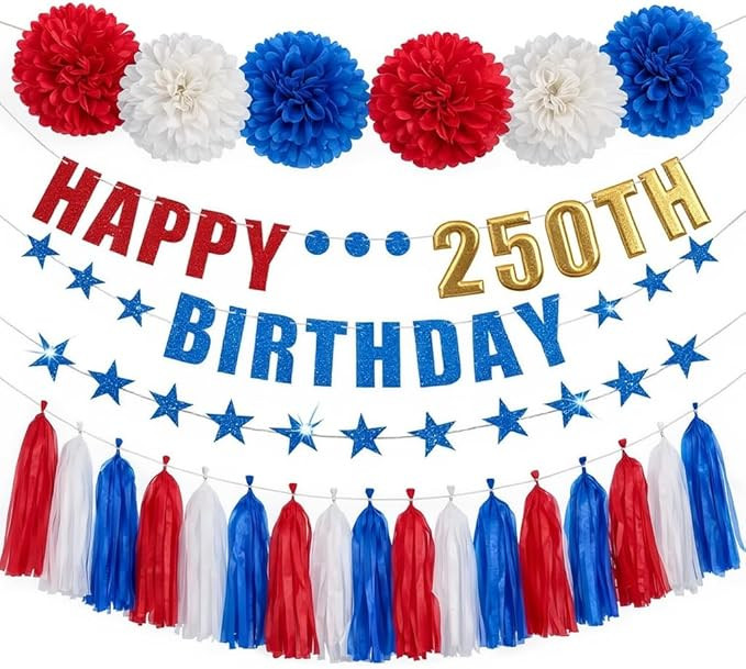 USA 250th Birthday Decorations Happy 250th Birthday Foil Banner Blue Red White Paper Pom Poms Gli... | Amazon (US)