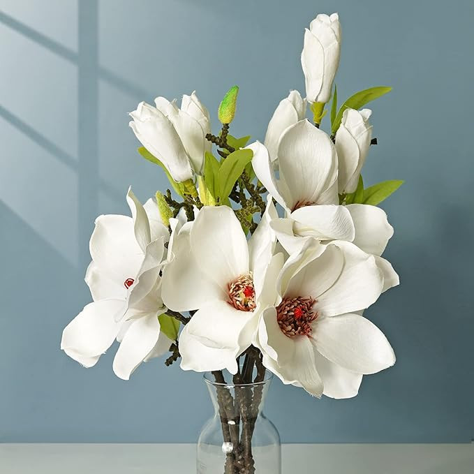LIUCOGXI 6 Pcs White Silk Artificial Magnolia Flowers Decoration Bouquet with Long Stem for Home ... | Amazon (US)