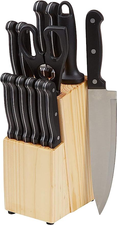 AmazonBasics 14-Piece Kitchen Knife Set with High-Carbon Stainless-Steel Blades and Pine Wood Blo... | Amazon (US)