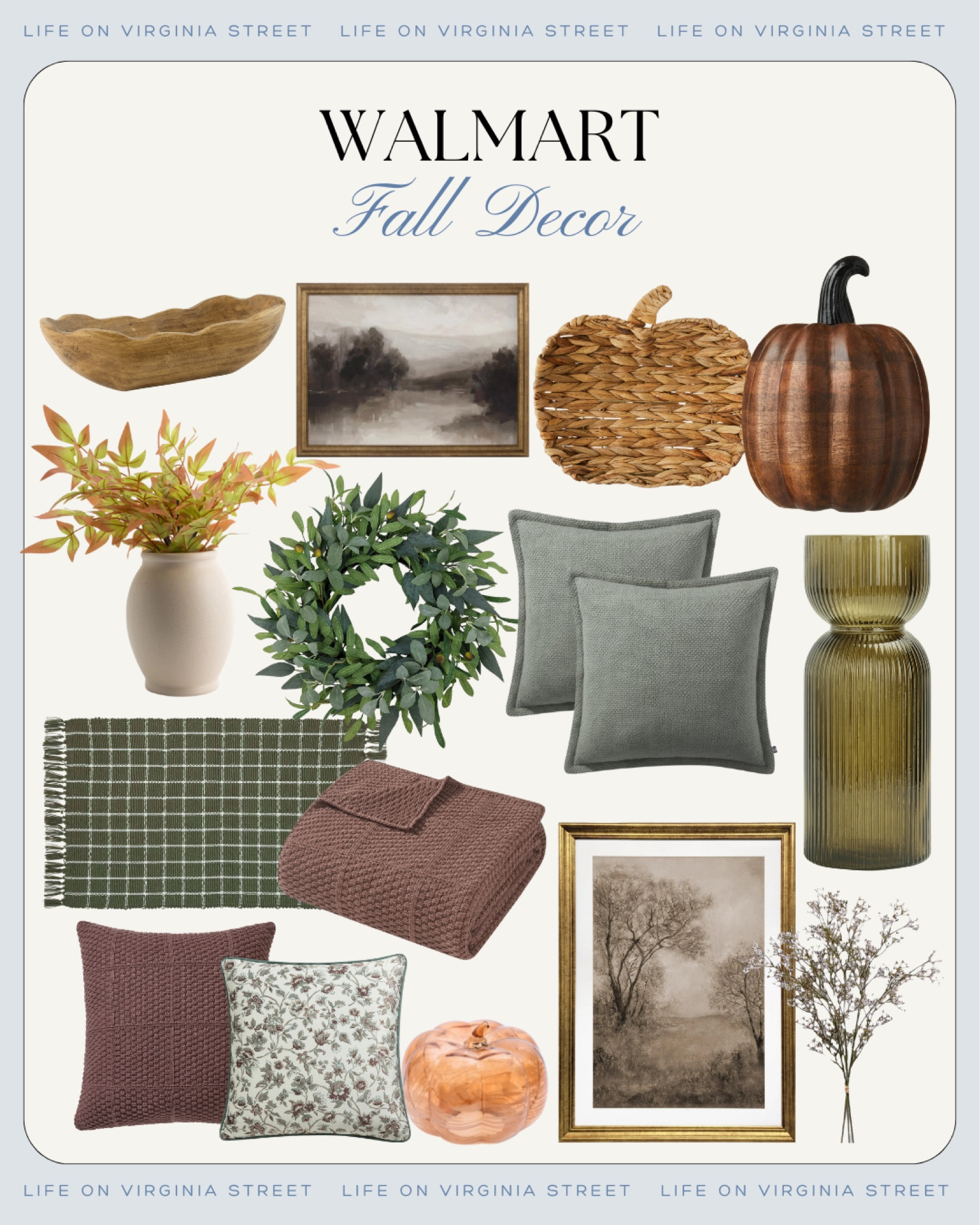 The cutest fall decor from Walmart! Includes a seagrass pumpkin tray, scalloped wood bowl, dark wood pumpkin, cozy throw blankets and pillows, an olive wreath, fall foliage arrangements, fall artwork and more!
.
#ltkhome #ltkseasonal #ltkstyletip #ltkfindsunder50 #ltkfindsunder100 #ltksalealert moody fall decor, affordable fall decorating ideas 

#LTKFindsUnder50 #LTKSeasonal #LTKHome