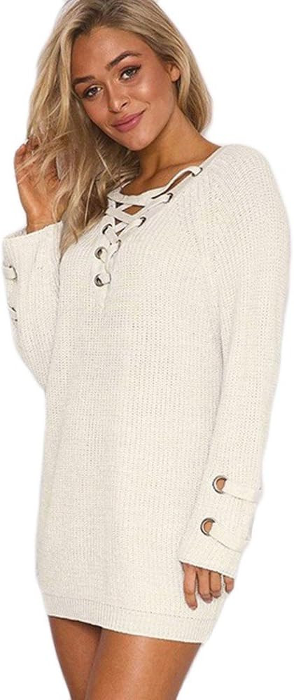 Women's V Neck Knitted Lace-up Sweater Striped Bandage Cross Ties Pullover Loose Casual Long Knit... | Amazon (US)