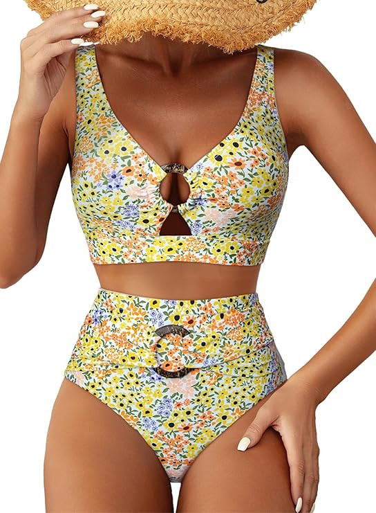 Herseas Women's High Waisted Bikini Sets - Floral Print 2 Piece Swimsuits Tummy Control Modest O ... | Amazon (US)