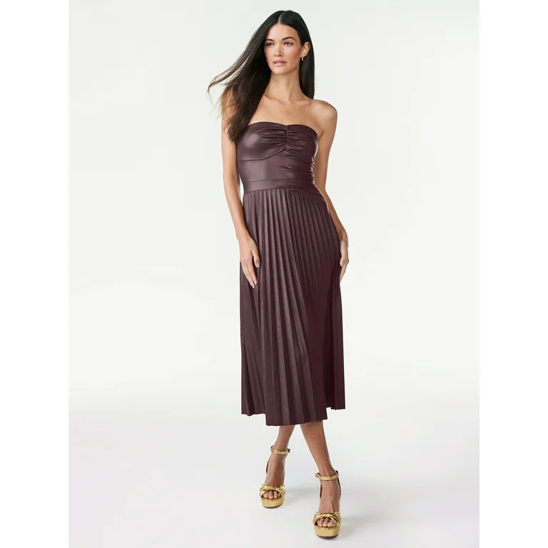 Scoop Women's Strapless Faux Leather Pleated Midi Dress, Sizes XS-XXL | Walmart (US)