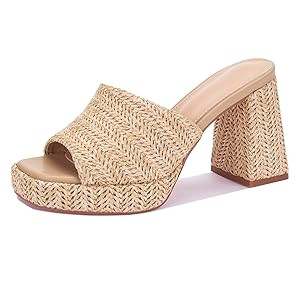 Monrovia Raffia Heeled Sandals for Women，Platform Wedge Slip On Block Heel, Dressy Summer Open ... | Amazon (US)