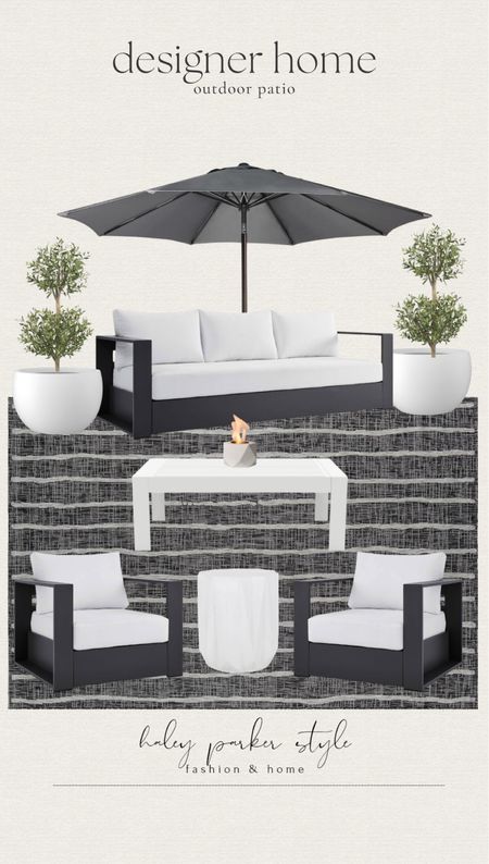 Designer home outdoor patio! 

Couch, coffee table, accent table, chair, fire pit, plant, tree, planter, rug, umbrella 

#LTKHome #LTKSaleAlert #LTKFindsUnder100