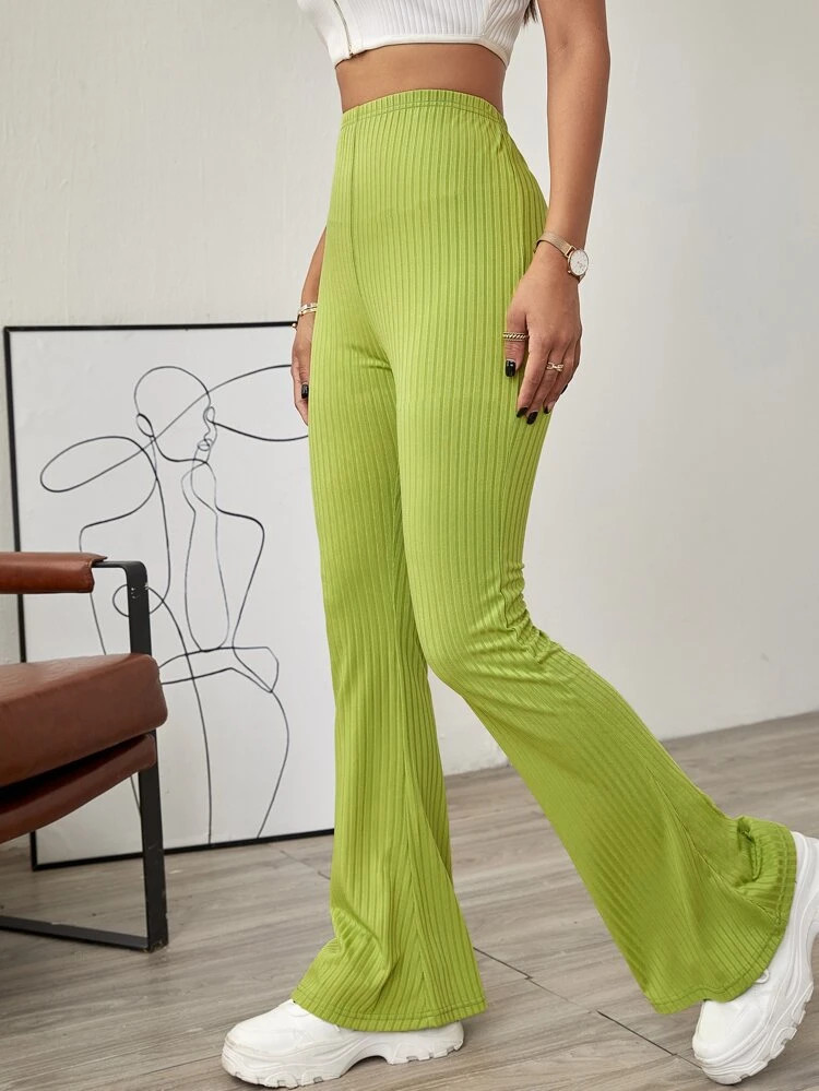 Solid Ribbed Flared Leg Pants | SHEIN